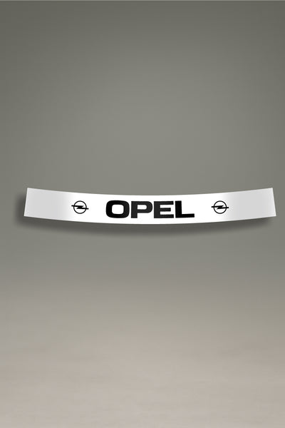 Parasol blanco para parabrisas con el logo clásico de Opel en negro, una pieza de estilo retro para la personalización y tuning de MOA-Grafics.
