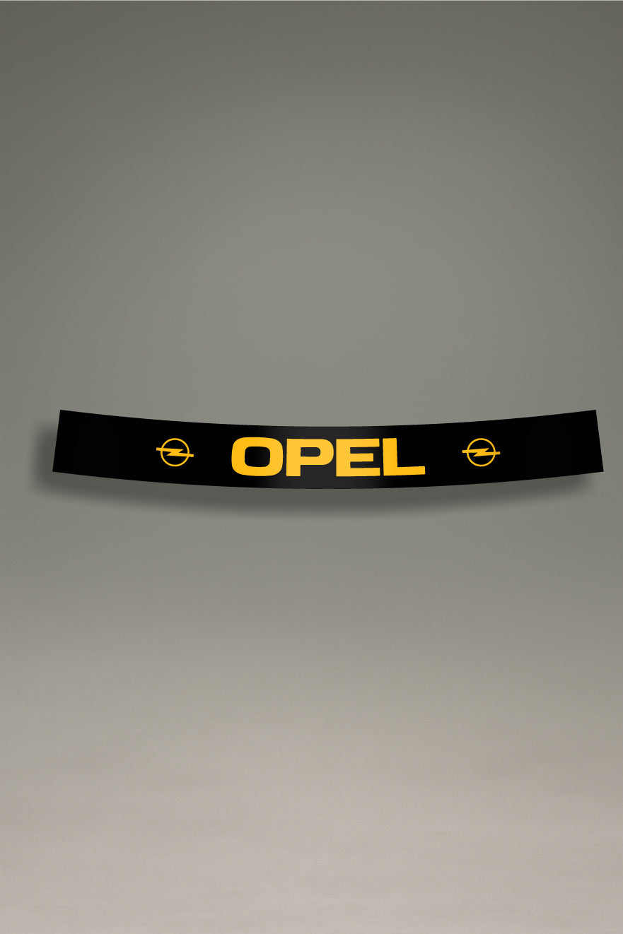  Parasol negro para parabrisas con el logo clásico de Opel en amarillo, un diseño de estilo retro para personalización de coches de MOA-Grafics.