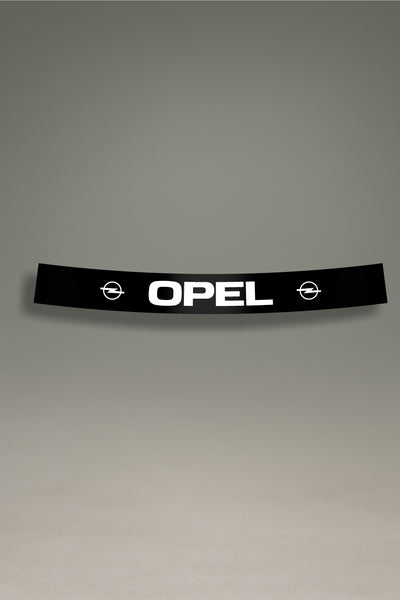 Vinilo parasol negro para parabrisas con el logo clásico de Opel en blanco, un diseño de estilo retro para personalización de coches de MOA-Grafics.