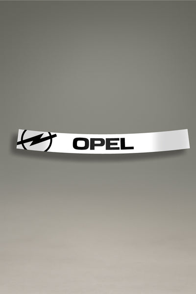 Vinilo parasol blanco para parabrisas con el logo moderno de Opel en negro, un accesorio de estilo retro para tuning de coches de MOA-Grafics.