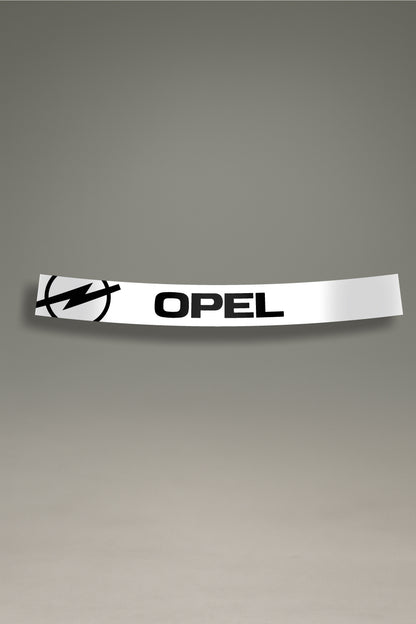 Vinilo parasol blanco para parabrisas con el logo moderno de Opel en negro, un accesorio de estilo retro para tuning de coches de MOA-Grafics.