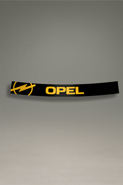 Parasol negro para parabrisas con el logo moderno de Opel en amarillo, un diseño de estilo retro para personalización de coches de MOA-Grafics.