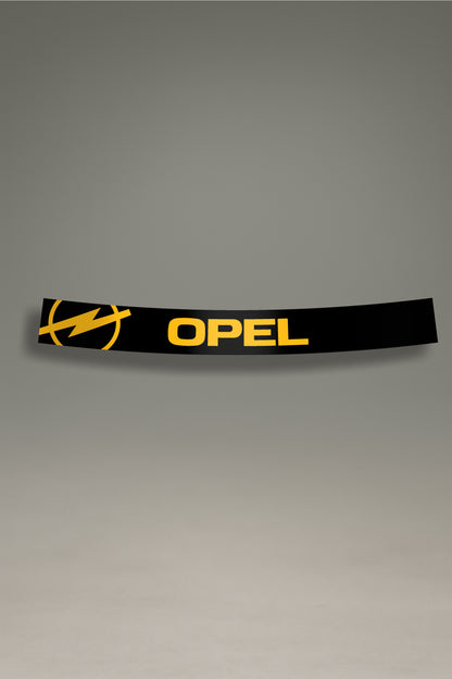 Parasol negro para parabrisas con el logo moderno de Opel en amarillo, un diseño de estilo retro para personalización de coches de MOA-Grafics.