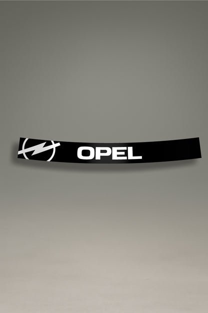 Parasol negro para parabrisas con el logo moderno de Opel en blanco, una pieza de estilo retro para la personalización y tuning de MOA-Grafics.