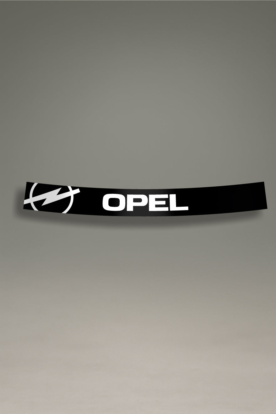 Parasol negro para parabrisas con el logo moderno de Opel en blanco, una pieza de estilo retro para la personalización y tuning de MOA-Grafics.