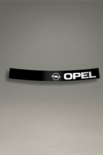 Parasol negro para parabrisas con el logo retro de Opel en blanco, un diseño de estilo clásico para personalización de coches de MOA-Grafics.