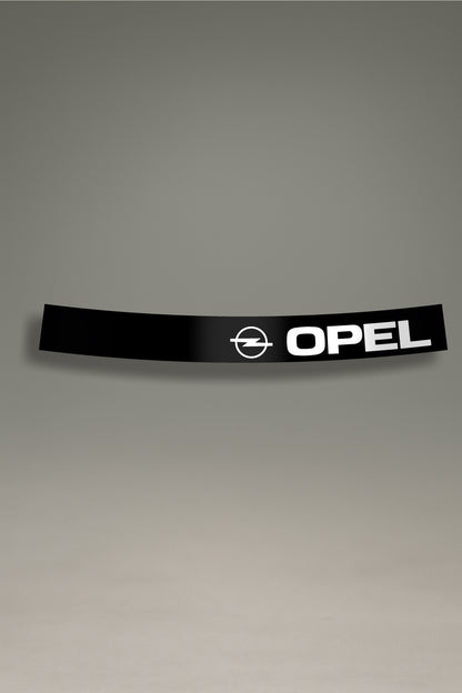 Parasol negro para parabrisas con el logo retro de Opel en blanco, un diseño de estilo clásico para personalización de coches de MOA-Grafics.