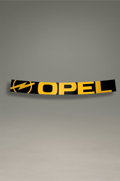 Parasol negro para parabrisas con el logo de Opel en amarillo y negro, una pieza de estilo retro para la personalización y tuning de MOA-Grafics