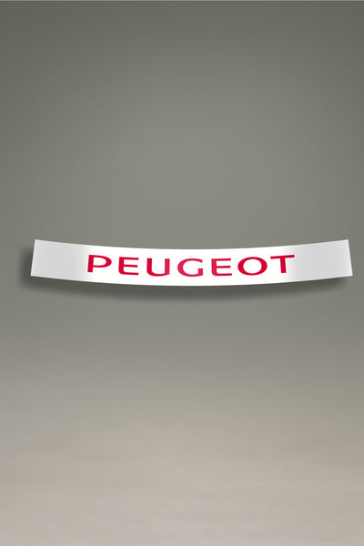 Vinilo parasol blanco para parabrisas con el logo de Peugeot en rojo, un diseño de estilo racing para personalización de coches de MOA-Grafics.