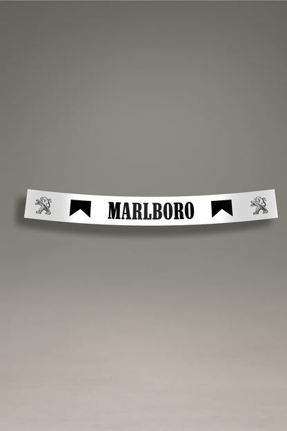 Vinilo parasol negro para parabrisas con logos de Peugeot y Marlboro, un diseño de estilo retro para personalización de coches de MOA-Grafics.