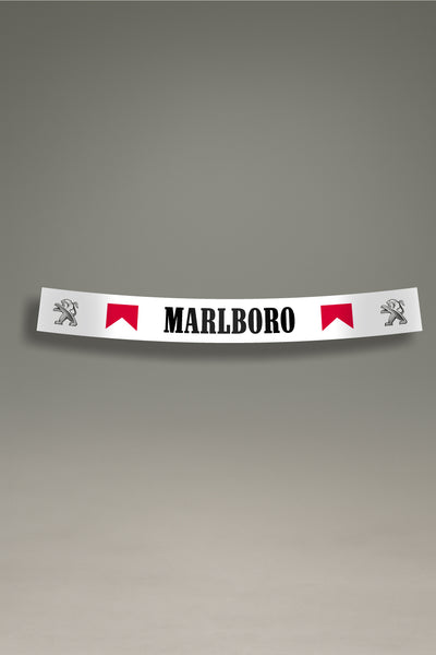 Parasol blanco para parabrisas con logos de Peugeot y Marlboro en rojo, un accesorio de estilo retro para tuning de MOA-Grafics.