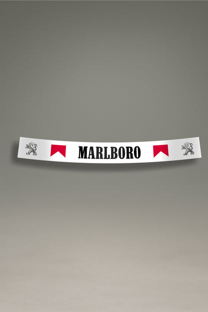 Parasol blanco para parabrisas con logos de Peugeot y Marlboro en rojo, un accesorio de estilo retro para tuning de MOA-Grafics.