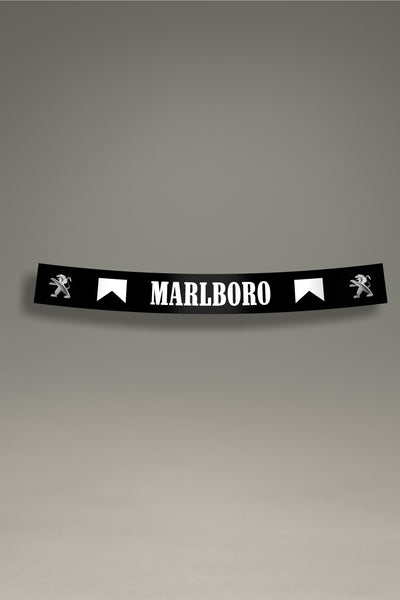 Parasol blanco para parabrisas con logos de Peugeot y Marlboro en negro, una pieza de estilo retro para tuning y personalización de MOA-Grafics.