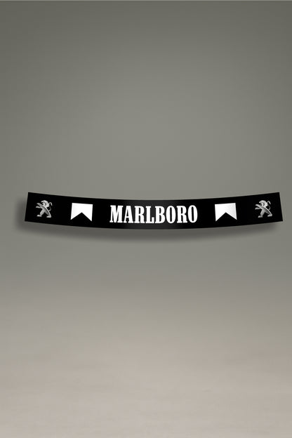 Parasol blanco para parabrisas con logos de Peugeot y Marlboro en negro, una pieza de estilo retro para tuning y personalización de MOA-Grafics.