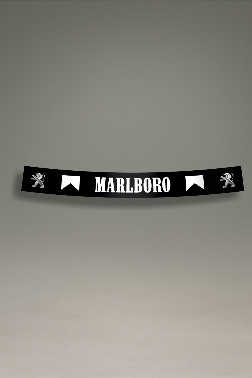 Parasol blanco para parabrisas con logos de Peugeot y Marlboro en negro, una pieza de estilo retro para tuning y personalización de MOA-Grafics.