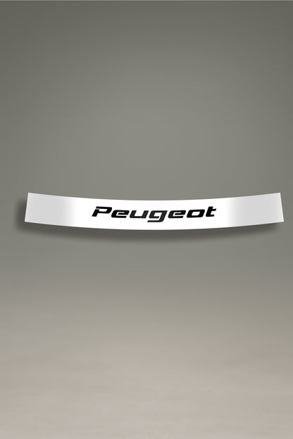 Vinilo parasol blanco para parabrisas con el logo de Peugeot Sport en negro, un accesorio de estilo racing para tuning de coches de MOA-Grafics.