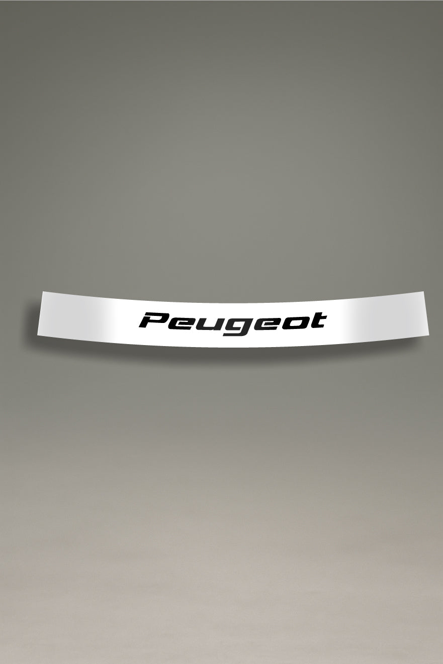 Vinilo parasol blanco para parabrisas con el logo de Peugeot Sport en negro, un accesorio de estilo racing para tuning de coches de MOA-Grafics.