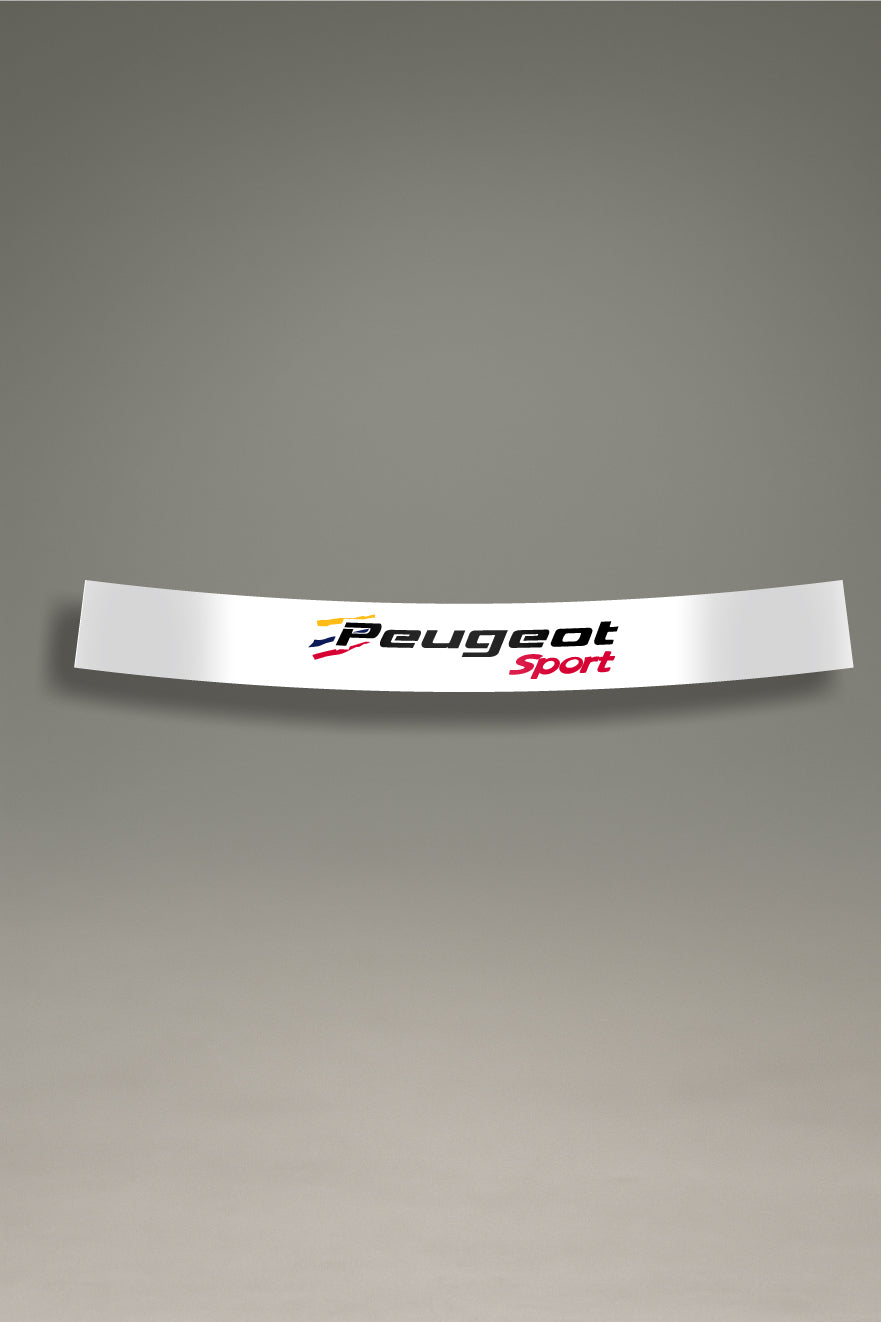 Parasol blanco para parabrisas con el logo moderno de Peugeot Sport, un diseño de estilo racing para personalización de coches de MOA-Grafics.