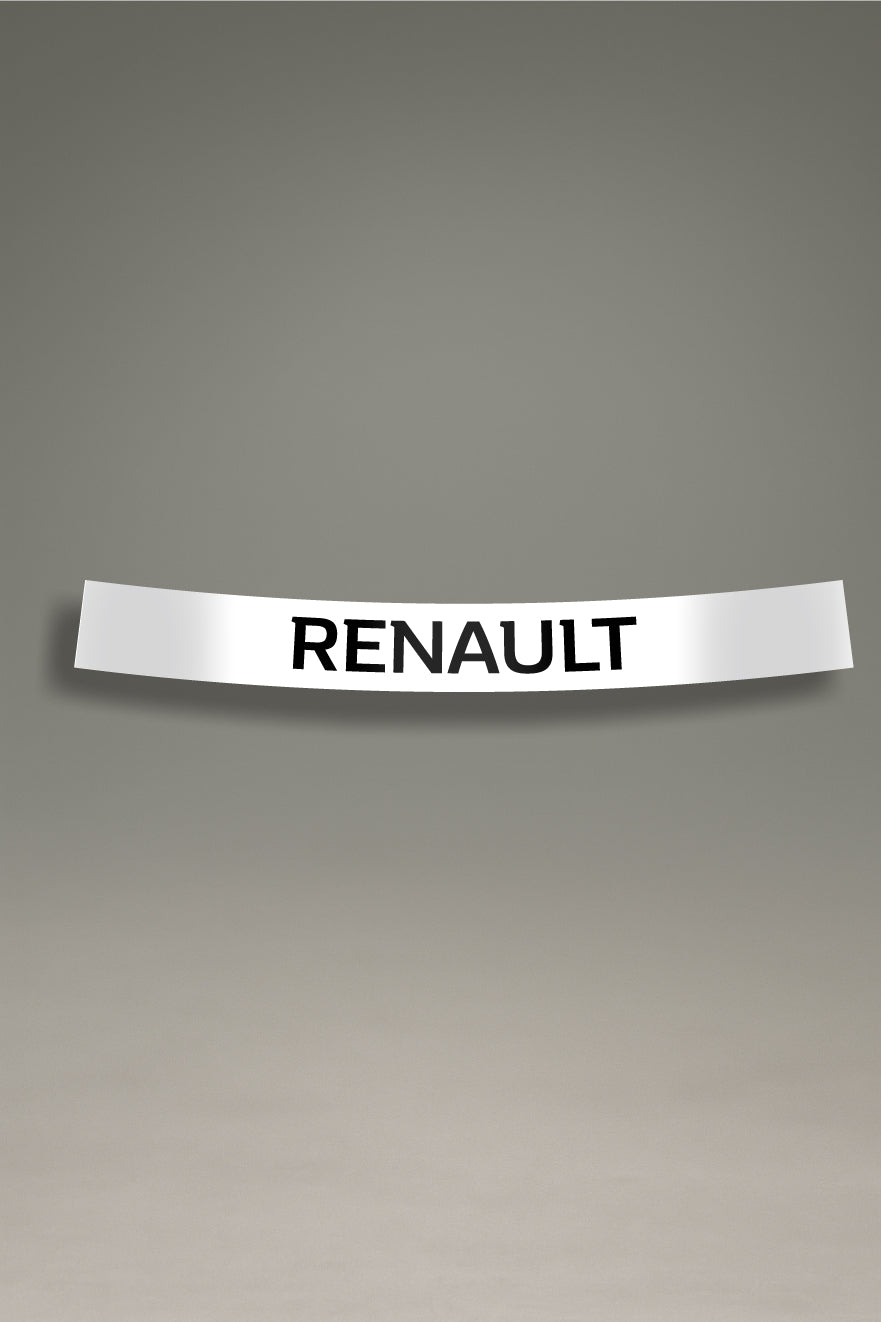 Vinilo parasol blanco para parabrisas con el logo de Renault en negro, un diseño de estilo racing para tuning de coches de MOA-Grafics.
