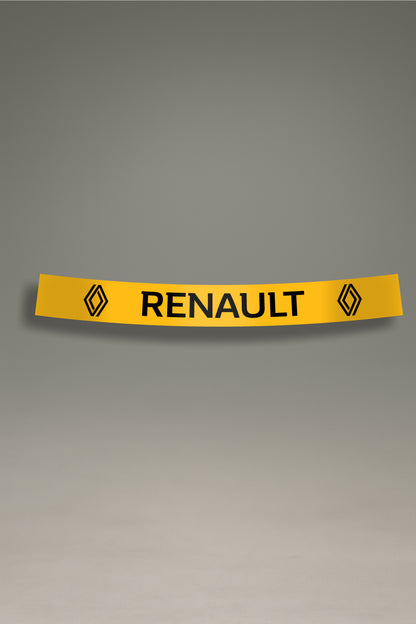 Parasol amarillo para parabrisas con el logo moderno de Renault en negro, una pieza de estilo racing para la personalización y tuning de MOA-Grafics.