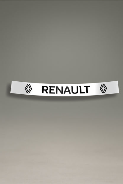 Vinilo parasol blanco para parabrisas con el logo moderno de Renault en negro, un accesorio de estilo racing para tuning de coches de MOA-Grafics.
