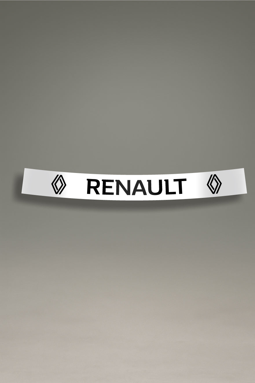 Vinilo parasol blanco para parabrisas con el logo moderno de Renault en negro, un accesorio de estilo racing para tuning de coches de MOA-Grafics.