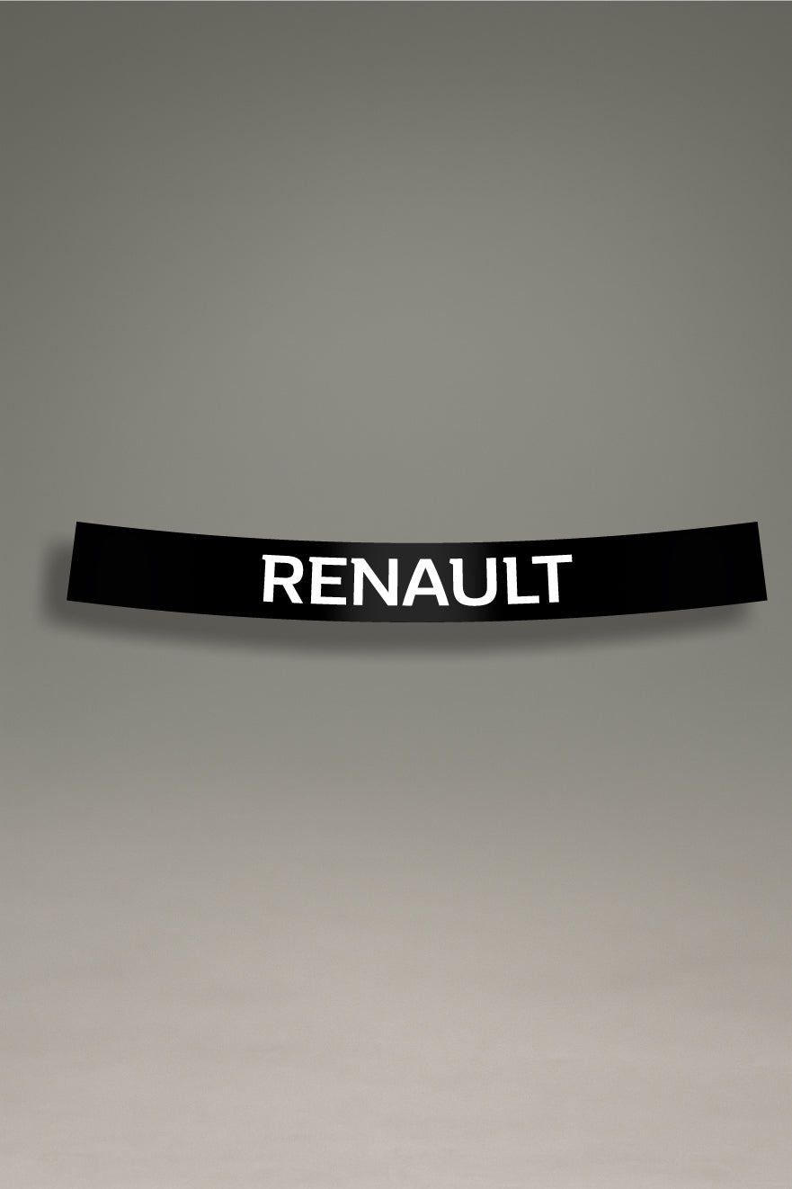 Parasol negro para parabrisas con el logo de Renault en blanco, un accesorio de estilo racing para personalización de coches de MOA-Grafics.