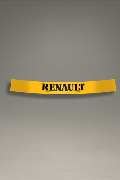Parasol amarillo para parabrisas con el logo vintage de Renault en negro, una pieza de estilo retro para la personalización y tuning de MOA-Grafics.