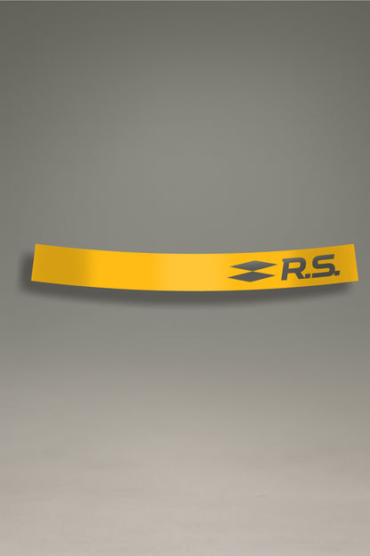 Vinilo parasol amarillo para parabrisas con el logo RS de Renault en gris, un diseño de estilo racing para tuning de coches de MOA-Grafics.