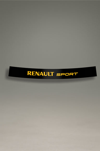 Parasol negro para parabrisas con el logo de Renault Sport en amarillo, un accesorio de estilo racing para personalización de coches de MOA-Grafics.