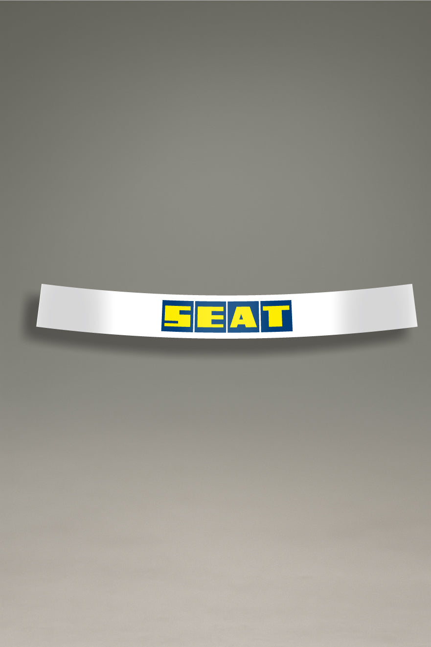 Vinilo parasol blanco para parabrisas con el logo clásico de SEAT en azul y amarillo, un diseño de estilo retro para personalización de coches de MOA-Grafics.
