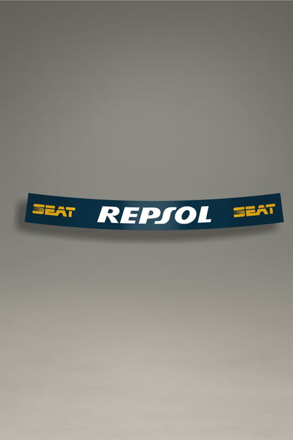 Parasol azul para parabrisas con los logos de SEAT y Repsol, un accesorio de estilo racing para personalización de coches de MOA-Grafics.