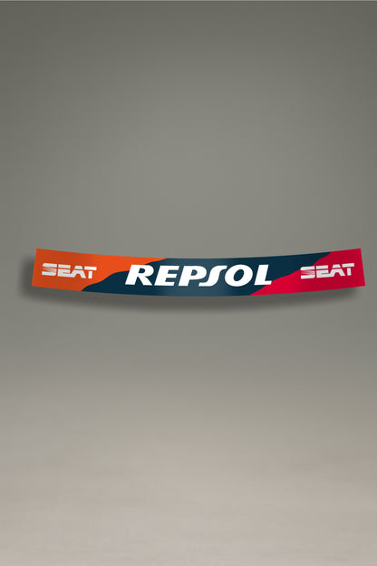 Parasol para parabrisas con diseño de SEAT y Repsol en naranja y azul, una pieza de estilo racing para la personalización y tuning de MOA-Grafics.