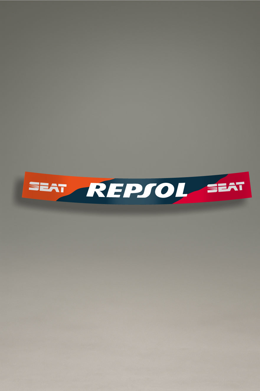 Parasol para parabrisas con diseño de SEAT y Repsol en naranja y azul, una pieza de estilo racing para la personalización y tuning de MOA-Grafics.