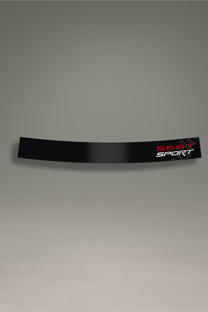 Parasol negro para parabrisas con el logo de SEAT Sport y bandera de carreras, un accesorio de estilo racing para personalización de MOA-Grafics.